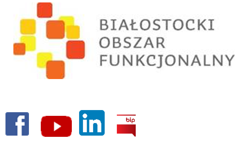 Logo Białostockiego Obszaru Funkcjonalnego, poniżej ikona facebooka, youtuba, linkendina oraz Biuletynu Informacji publicznej