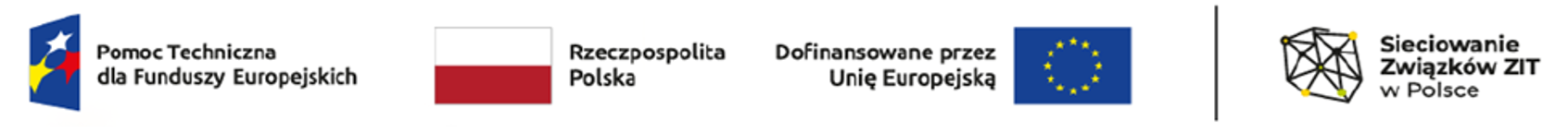 Logotypy Funduszy Unijnych, od lewej Pomoc Techniczna dla Funduszy Europejskich, flaga Polski, flaga Unii Europejskiej, pionowa kreska, logo Sieciowanie Związków ZIT